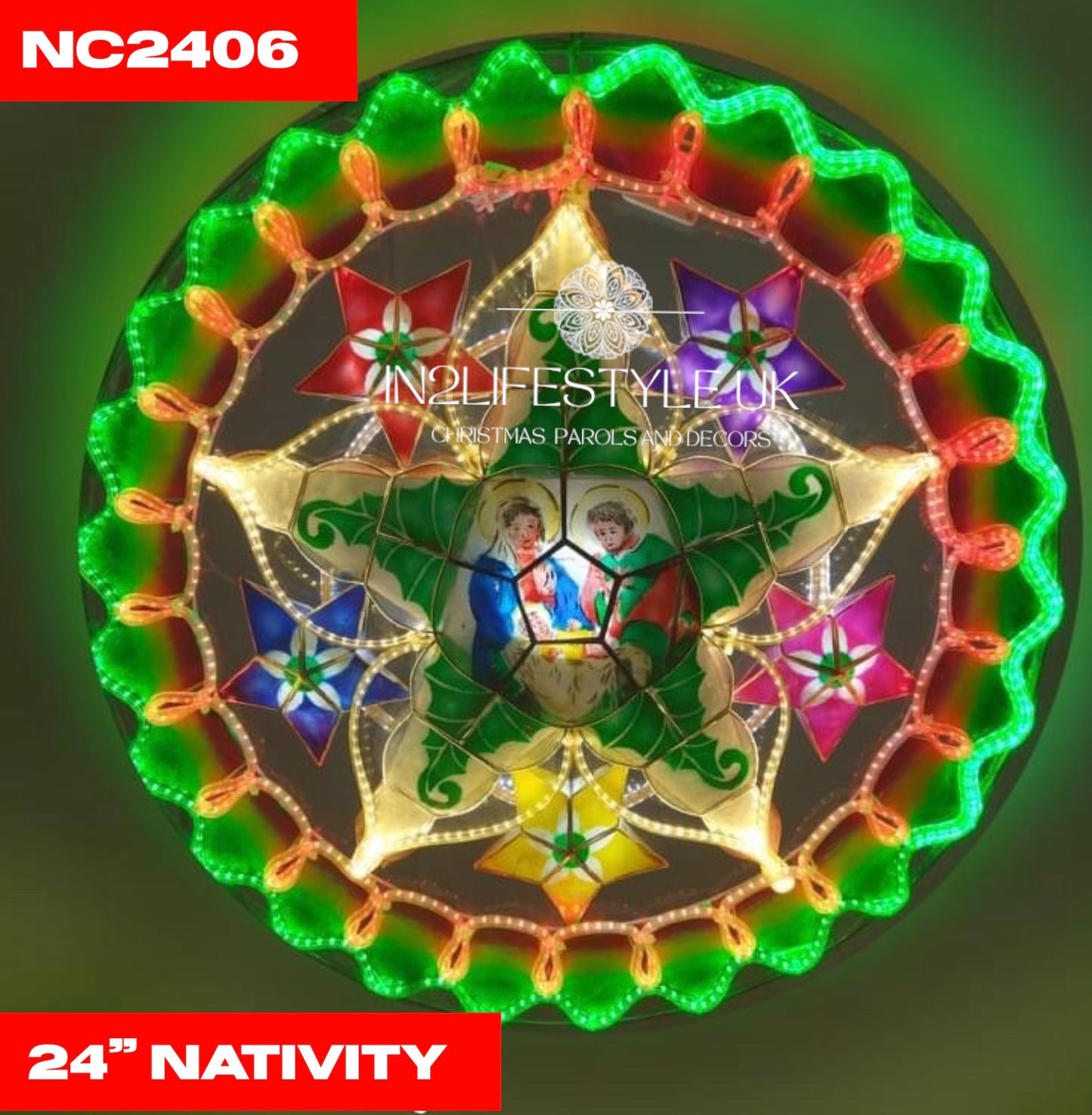 24” UKCA/ CE Marked Green Nativity Capiz Christmas Parol